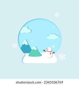Merry Christmas holiday design, paper cut out snow globe decoration with snowflakes, snowdrifts, blue background for greeting card, banner, poster, invitation, paper cut art style, vector illustration