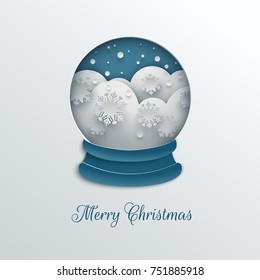 Merry Christmas holiday design, paper cut out snow globe decoration with snowflakes, snowdrifts, blue background for greeting card, banner, poster, invitation, paper cut art style, vector illustration