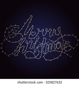 Merry Christmas - holiday design. Vector lettering made of  LED strip light in yellow color