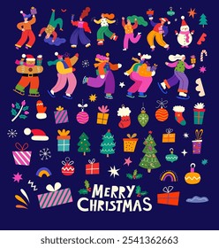 Merry Christmas holiday elements. Christmas decorative collection with fun people, Christmas tree and gifts. People are dancing, having fun and celebrating Christmas