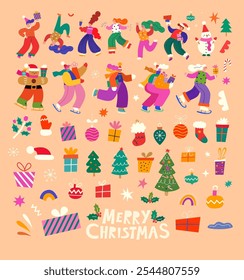 Merry Christmas holiday elements. Christmas decorative collection with fun people, Christmas tree and gifts. People are dancing, having fun and celebrating Christmas