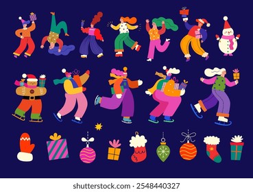 Merry Christmas holiday elements. Christmas decorative collection with fun people, Christmas tree and gifts. People are dancing, having fun and celebrating Christmas