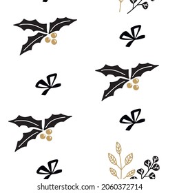 Merry Christmas, holiday elements in a limited palette creating a pattern on a white background.