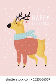 Merry Christmas holiday festive Illustration in flat cartoon style for greeting card, poster, print. Deer in sweater and scarf. Forest fauna, woodland wildlife. Childish vector cute animal.