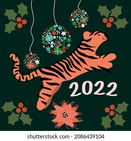 Merry Christmas holiday festive Illustration in flat cartoon style for greeting card, poster, print. Cartoon funny jungle tiger