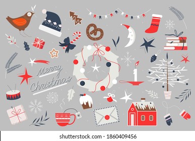 Merry Christmas holiday folk art vector illustration. Cartoon traditional xmas elements collection with cute decoration for happy winter holidays celebration, Christmas design for greeting card