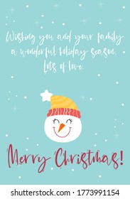 merry christmas Holiday gift card with hand lettering greeting messages and cute snowman kids greeting card vector illustration.