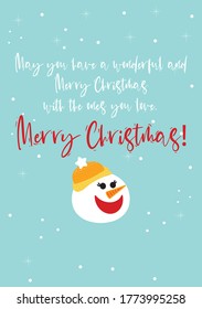 merry christmas Holiday gift card with hand lettering greeting messages and cute snowman kids greeting card vector illustration.