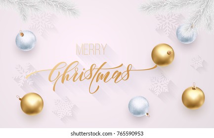Merry Christmas holiday golden decoration, gold hand drawn calligraphy font for greeting card on white background. Vector Christmas or New Year golden shiny confetti for Xmas decoration design