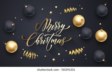 Merry Christmas holiday golden decoration, gold hand drawn calligraphy font for greeting card on black background. Vector Christmas or New Year golden shiny confetti for Xmas decoration design