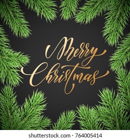 Merry Christmas holiday golden, hand drawn quote calligraphy greeting card background template. Vector Christmas fir branches garland wreath decoration and golden text on black premium xmas design