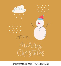 Merry Christmas, Holiday greating card with snowflakes and snowman. Universal for the design of holidays, christmas, new year, gifts, clothes, postcards, posters