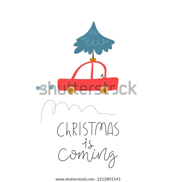 Merry Christmas, Holiday greating card\
with stree, pine, car. Universal for the design of holidays,\
christmas, new year, gifts, clothes, postcards,\
posters