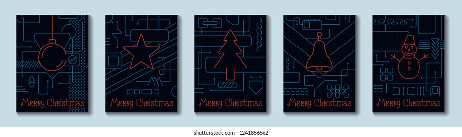 Merry Christmas Holiday Greeting Card. Geometry lines, art techno style. Line art design. Vector Illustration.