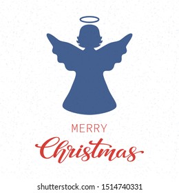 Merry Christmas holiday greeting card. Blue angel figure isolated on white background. Vector illustration.