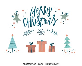 Merry Christmas holiday greeting card illustration. Christmas elements.