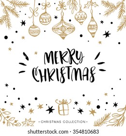 Merry Christmas. Holiday greeting card with calligraphy. Hand drawn design elements. Handwritten modern lettering.