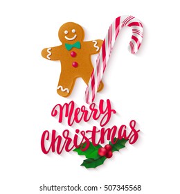 Merry Christmas. Holiday greeting card with calligraphy and decorative elements. Handwritten modern lettering with candy cane, holly and gingerbread man on white background.