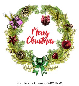 Merry Christmas holiday greeting card calligraphy. Hand drawn illustration with fir branches, poinsettia, pine cone, toy, ball, candy, gift box. Xmas square poster or banner. Vector.