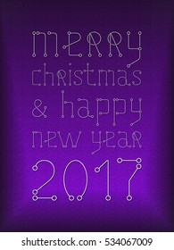 Merry Christmas Holiday Greeting Card. Geometry lines, art techno style banner. Purple color backdrop.
