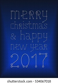 Merry Christmas Holiday Greeting Card. Geometry lines, art techno style banner. Blue color backdrop.