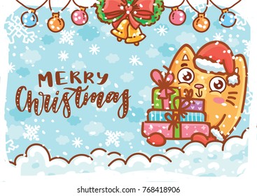 Merry Christmas. Holiday greeting card with lettering, calligraphy text, with cute Cat character holding gift, present boxes. Illustration art in hand drawn cartoon, doodle style for print design