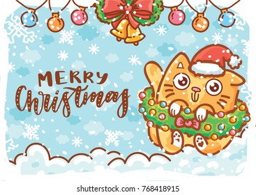 Merry Christmas. Holiday greeting card with lettering, calligraphy text, with cute Cat character in tree branch with snow. Illustration art in hand drawn cartoon, doodle style for print design