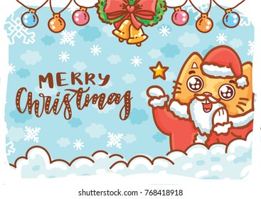 Merry Christmas. Holiday greeting card with lettering, calligraphy text, with cute Cat character dressed as Santa Claus. Illustration art in hand drawn cartoon, doodle style for print design