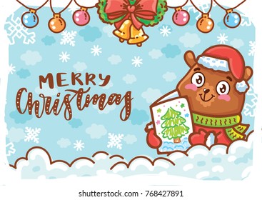 Merry Christmas. Holiday greeting card with lettering, calligraphy text, with cute teddy Bear character holding card. Illustration art in hand drawn cartoon, doodle style for print design