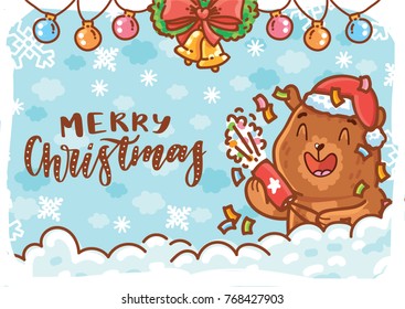 Merry Christmas. Holiday greeting card with lettering, calligraphy text, with cute teddy Bear character holding party popper. Illustration art in hand drawn cartoon, doodle style for print design