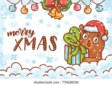 Merry Christmas. Holiday greeting card illustration with lettering, calligraphy text, and cute teddy Bear character on winter background with snow. Art in hand drawn cartoon, doodle style for print