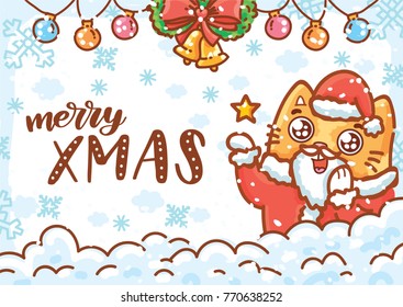 Merry Christmas. Holiday greeting card illustration with lettering, calligraphy text, and cute ginger Cat character on winter background with snow. Art in hand drawn cartoon, doodle style for print