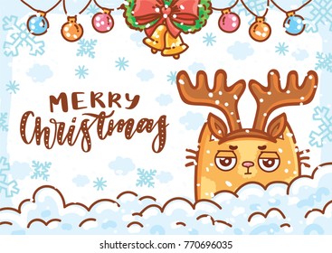 Merry Christmas. Holiday greeting card illustration with lettering, calligraphy text, and cute ginger Cat character on winter background with snow. Art in hand drawn cartoon, doodle style for print