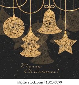 Merry Christmas holiday greeting design with gold ornaments. Vector illustration