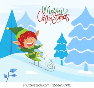 Merry christmas, holiday greeting postcard. Fairy character actively spend time riding sleigh. Happy elf sledding downhill in forest. Vector illustration of wintertime activity in flat style