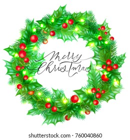 Merry Christmas holiday hand drawn calligraphy text for greeting card white background design template. Vector Christmas lights and holly wreath decoration with golden lights garland
