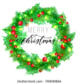 Merry Christmas holiday hand drawn calligraphy text for greeting card background design template. Vector Christmas tree holly wreath decoration and golden New Year lights garland on premium white