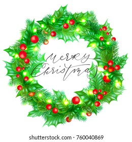 Merry Christmas holiday hand drawn quote calligraphy greeting card background template. Vector Christmas tree or holly wreath decoration, golden garland of New Year lights on white premium design