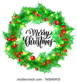 Merry Christmas holiday hand drawn quote calligraphy greeting card background template. Vector Christmas tree or holly wreath decoration, golden garland of New Year lights on white premium design