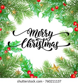 Merry Christmas holiday hand drawn quote calligraphy greeting card background template. Vector Christmas stars garland, tree holly wreath decoration on white premium design
