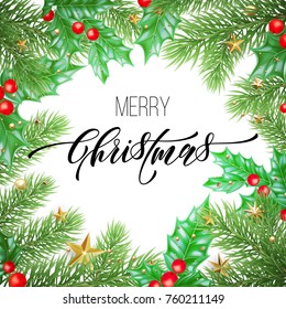 Merry Christmas holiday hand drawn quote calligraphy greeting card background template. Vector Christmas stars garland, tree holly wreath decoration on white premium design