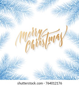 Merry Christmas holiday hand drawn quote golden calligraphy greeting card on frozen snow blue frost background template. Vector Christmas tree fir or pine wreath branch decoration on white design