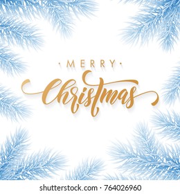 Merry Christmas holiday hand drawn quote golden calligraphy greeting card frozen blue snow ice background template. Vector Christmas tree fir or pine wreath branch decoration on white premium design
