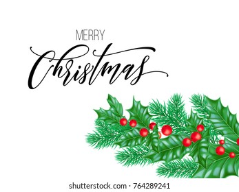 Merry Christmas holiday hand drawn quote calligraphy lettering greeting card background template. Vector Christmas tree pine or fir and holly wreath decoration on white premium design