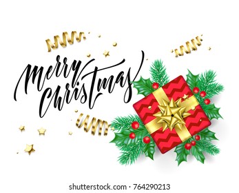 Merry Christmas holiday hand drawn quote calligraphy greeting card background template. Vector Christmas tree or holly wreath decoration, golden gift and ribbon confetti on white premium design