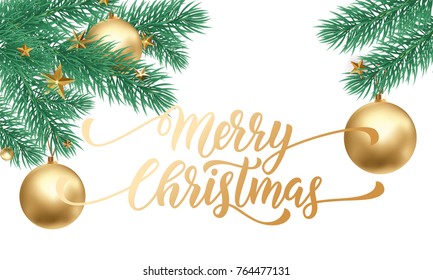Merry Christmas holiday hand drawn quote golden calligraphy greeting card on white snow background template. Vector Christmas tree golden star and ball ornament decoration luxury design