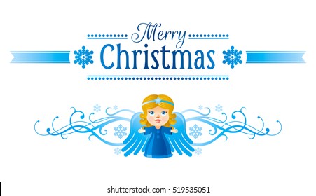 Merry Christmas holiday horizontal banner isolated on white background. Text lettering. Vector logo illustration, blue snow angel baby girl. Swirls ribbon decoration icon