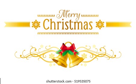 Merry Christmas holiday horizontal banner isolated on white background. Text lettering. Vector logo illustration, jingle bells bow ribbon decoration icon