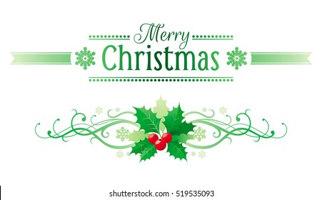 Merry Christmas holiday horizontal banner isolated on white background. Vector illustration, green holly berries branch. Snowflake logo, ribbon swirls decoration icon design