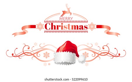 Merry Christmas holiday horizontal banner isolated on white background. Text lettering. Vector logo illustration, cute cartoon Santa Claus hat. Swirl ribbon deer decoration icon.